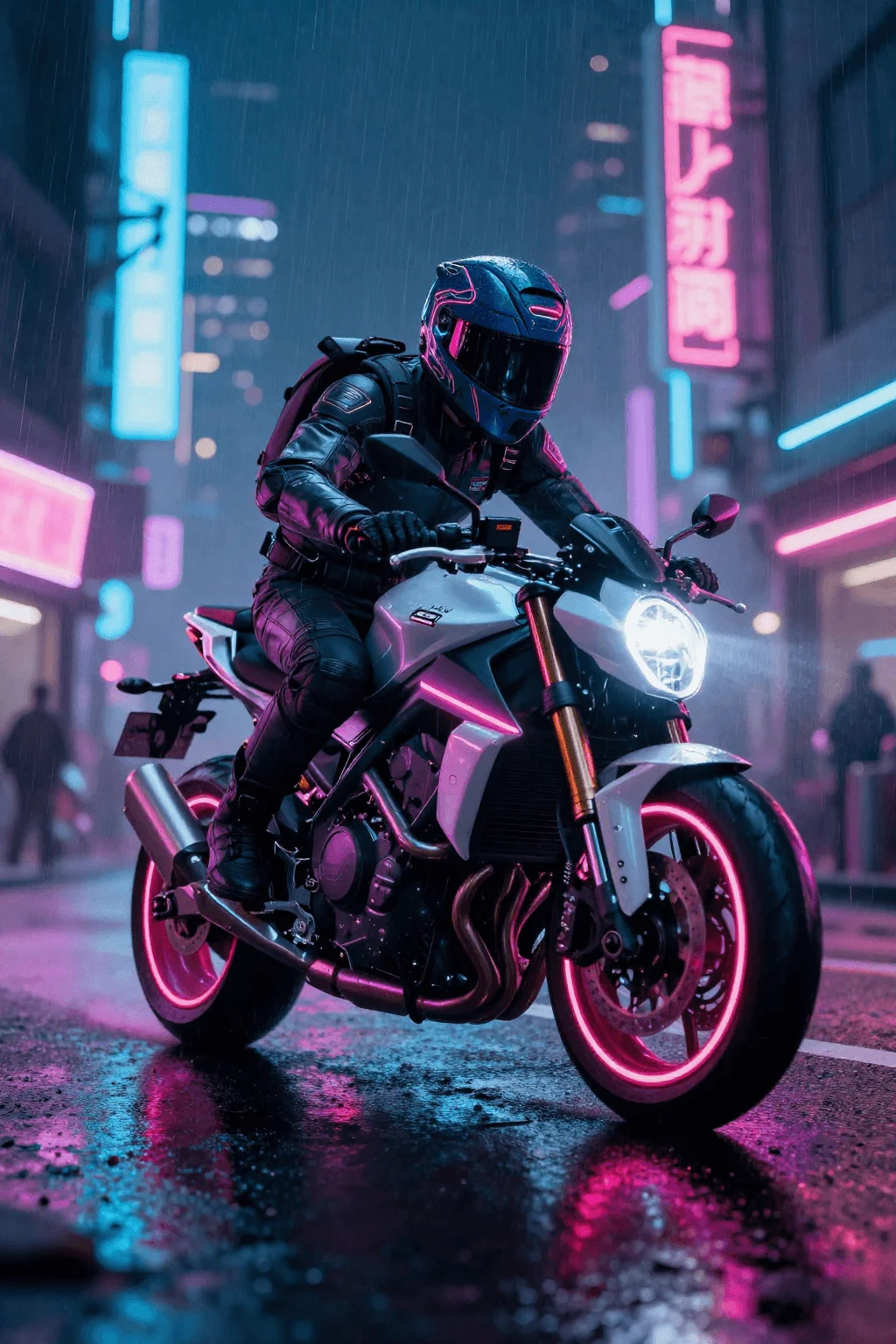 A futuristic motorcycle rider racing through neon-lit streets, cyberpunk neon punk style, glowing lights, rain-soaked reflections
