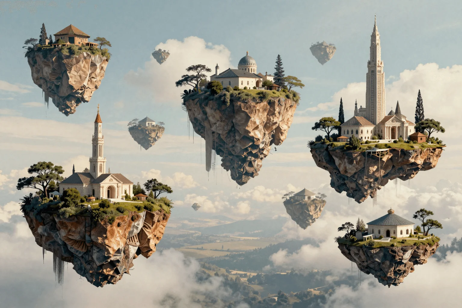 A dreamlike landscape with floating islands and impossible architecture, surreal collage style, mixed media