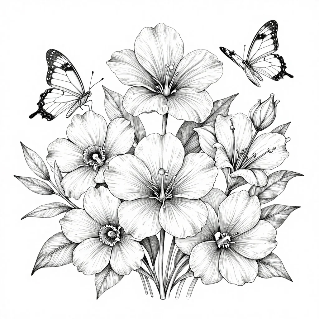 A detailed botanical illustration of exotic flowers and butterflies, elegant line art style, delicate black ink