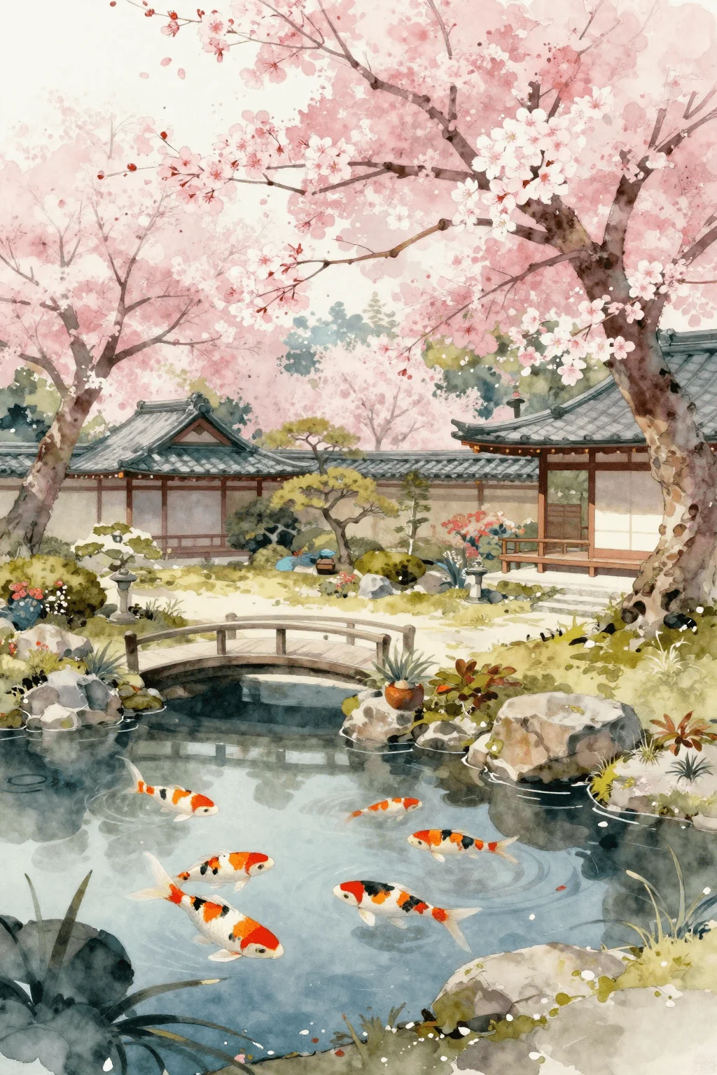 A serene Japanese garden with cherry blossoms and koi pond, soft watercolor style, gentle color bleeding
