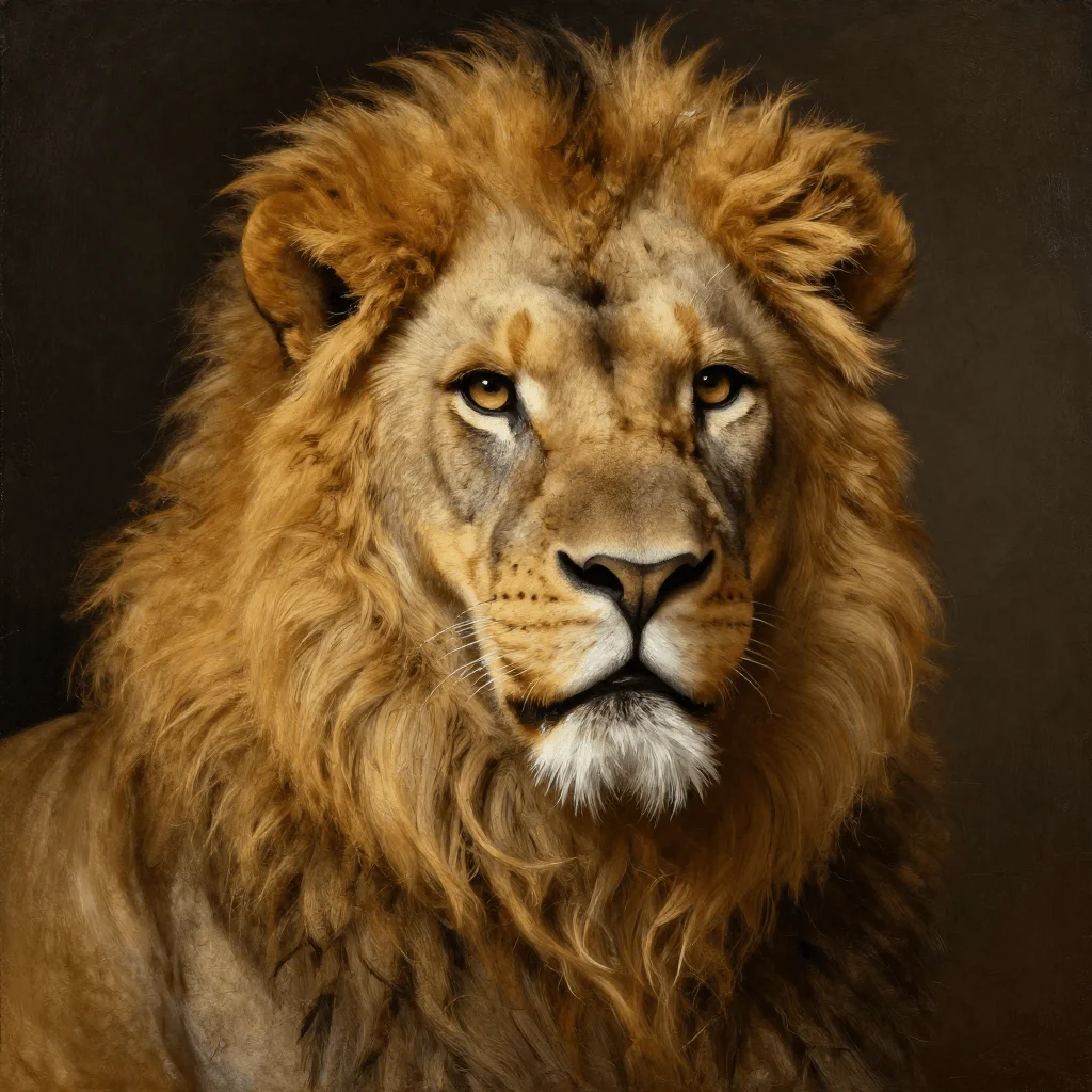 A majestic lion portrait with a golden mane, classical oil painting style, rich textures, dramatic lighting
