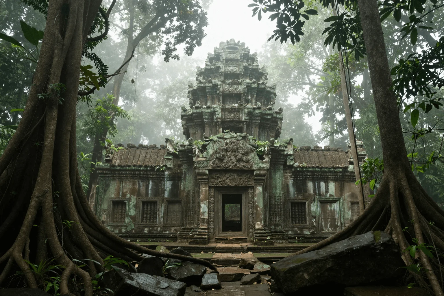 Ancient temple hidden in a misty jungle, overgrown with vines, rays of sunlight breaking through the canopy