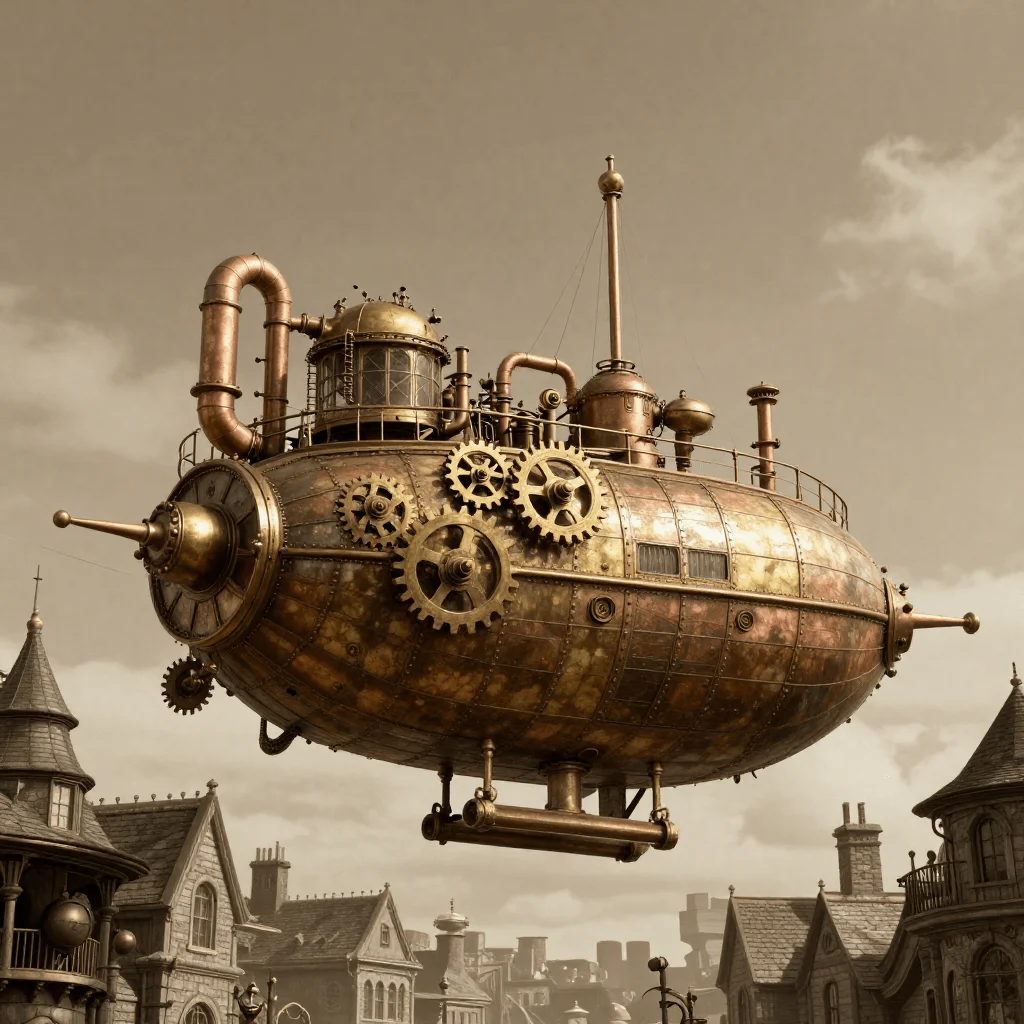 Steampunk airship floating above Victorian-era buildings, brass gears and copper pipes, vintage sepia tones