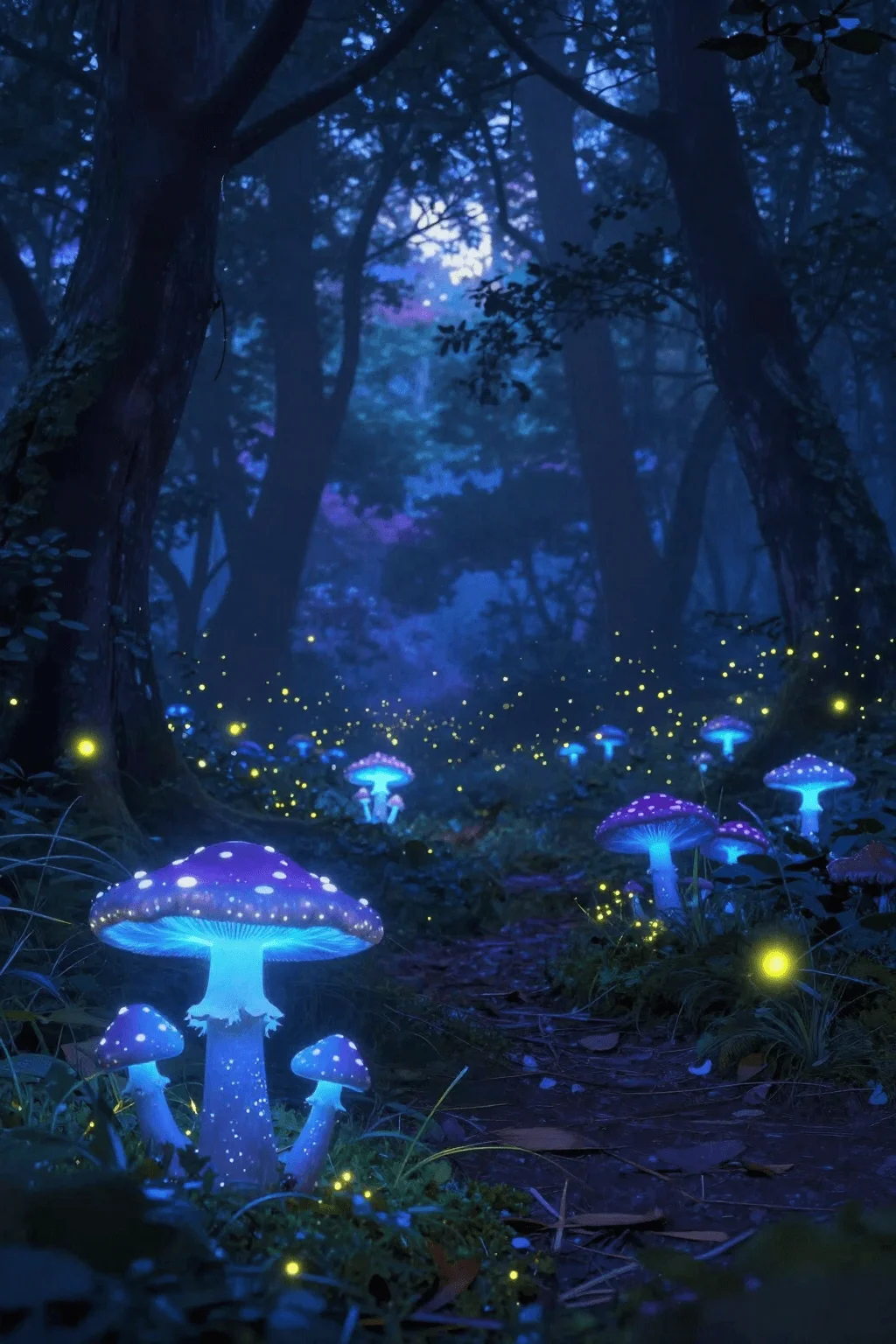 Magical forest at twilight, bioluminescent mushrooms and fireflies, ethereal blue and purple glow
