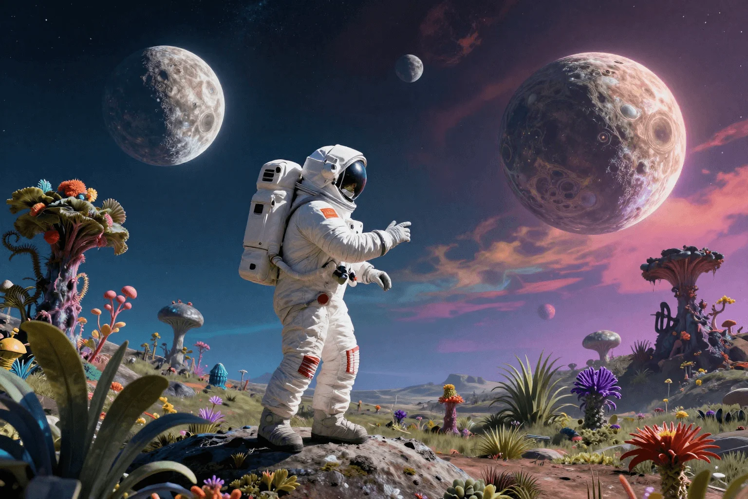 Space explorer discovering an alien planet with two moons, exotic flora, vibrant alien sky