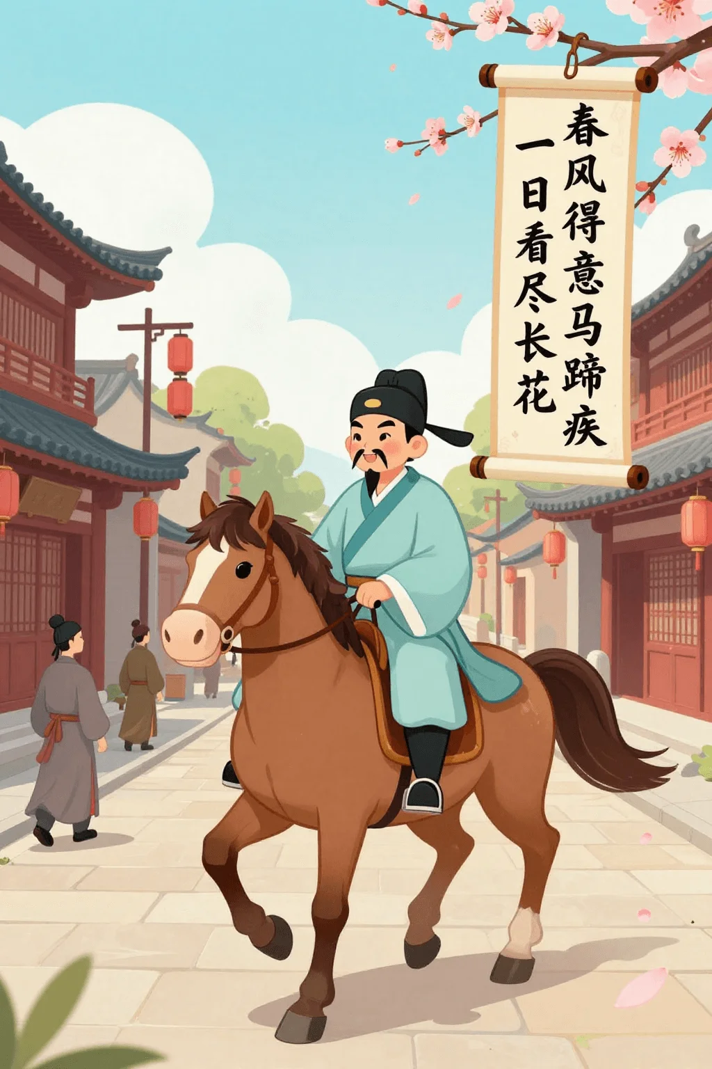 Vertical illustration inspired by the poem “登科后”: a triumphant scholar riding a horse through Chang’an streets, Tang-style architecture and falling peach blossoms in the background, scroll text “春风得意马蹄疾，一日看尽长安花”. Bright and celebratory palette, lively character, 3:2 vertical composition.