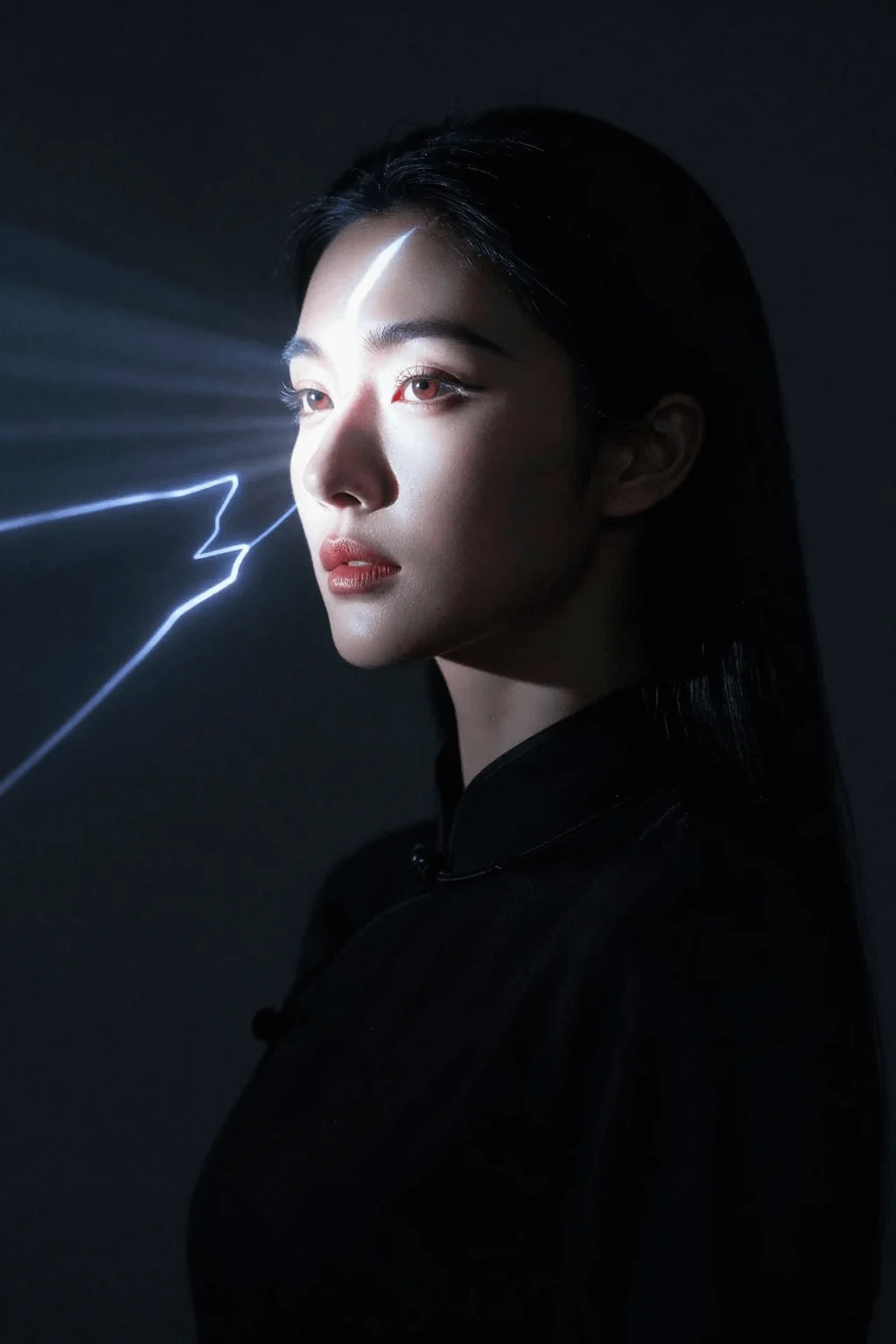 Atmospheric dark-toned portrait. An elegant Chinese woman in a dark room; a strong beam of light passes through a gobo, casting a sharp lightning-shaped highlight across her face, illuminating one eye. High contrast, crisp light-dark edge, mysterious mood, Leica-like color tone. Vertical composition.